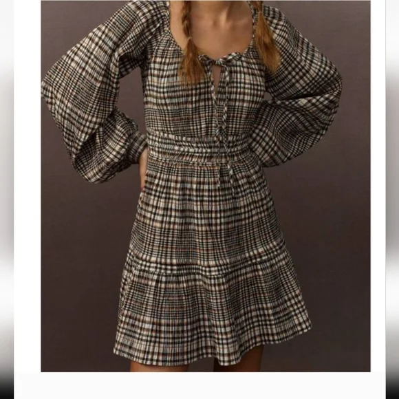 Anthropologie The Somerset Mini Dress Plaid Puff Sleeve Medium Smocked Waist - Picture 6 of 6